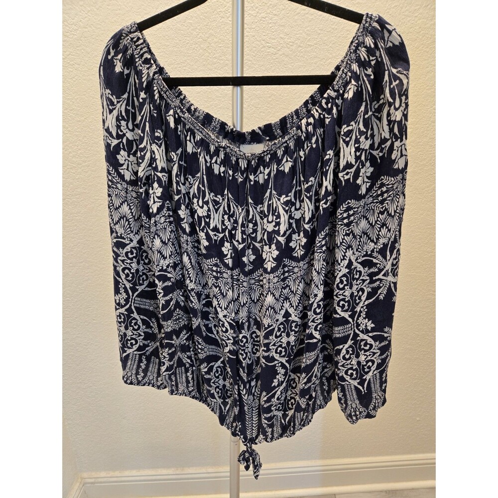 Knox Rose Womens XL Boho Floral Off Shoulder Blouse Navy Blue White Peasant Top